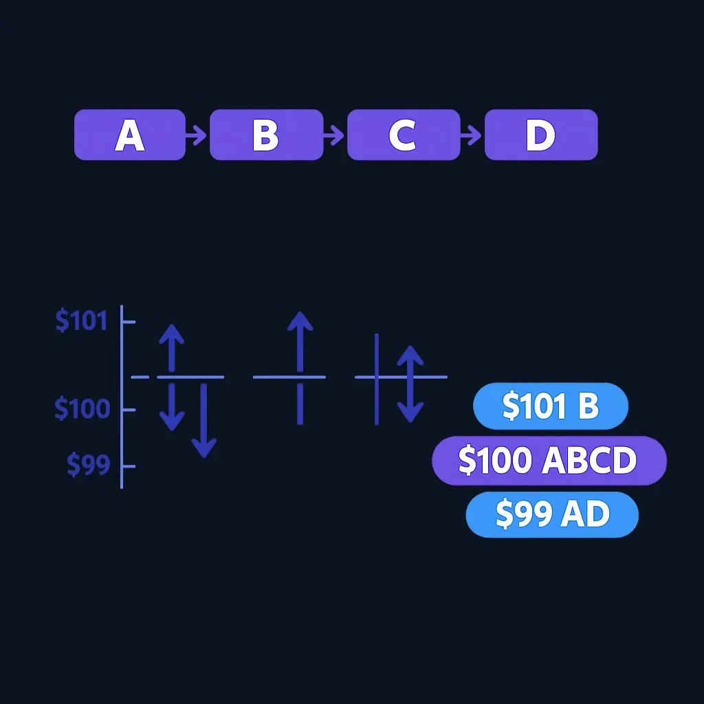 Diagram showing how time intervals create TPO letters at price levels in Market Profile
