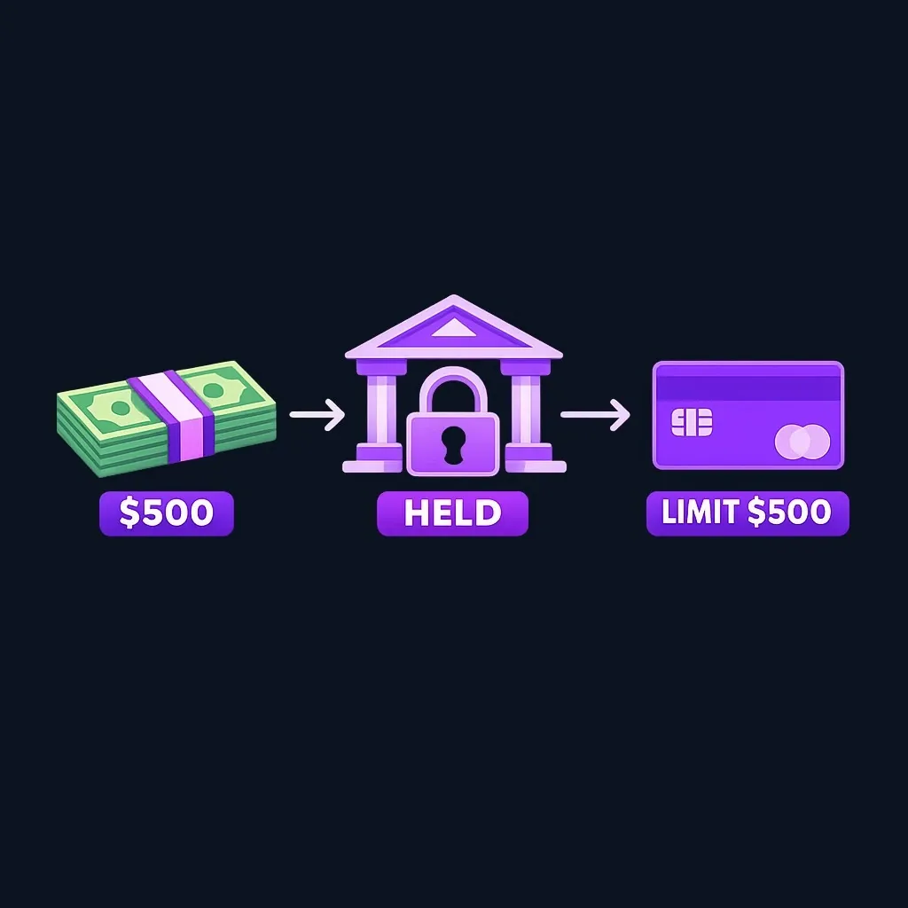 Diagram showing a $500 deposit flowing to a bank and becoming a $500 credit limit on a card