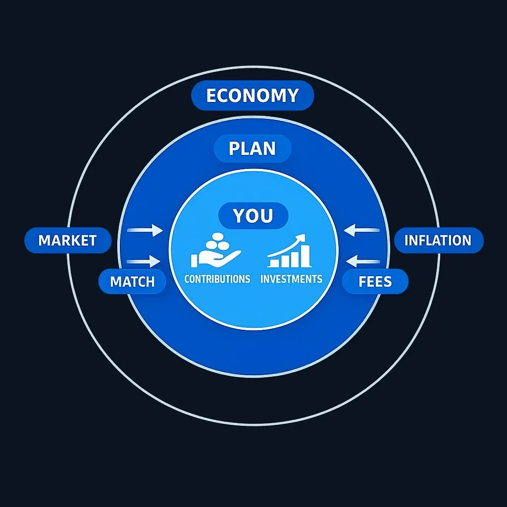 Layered diagram showing individual, plan, and macro factors influencing 401(k) balances