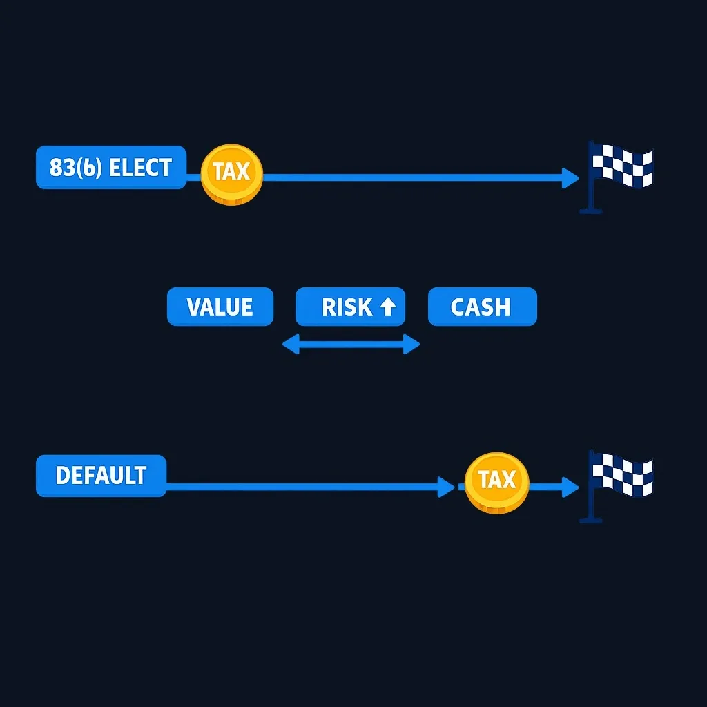 Side-by-side comparison of 83(b) election path versus default waiting path