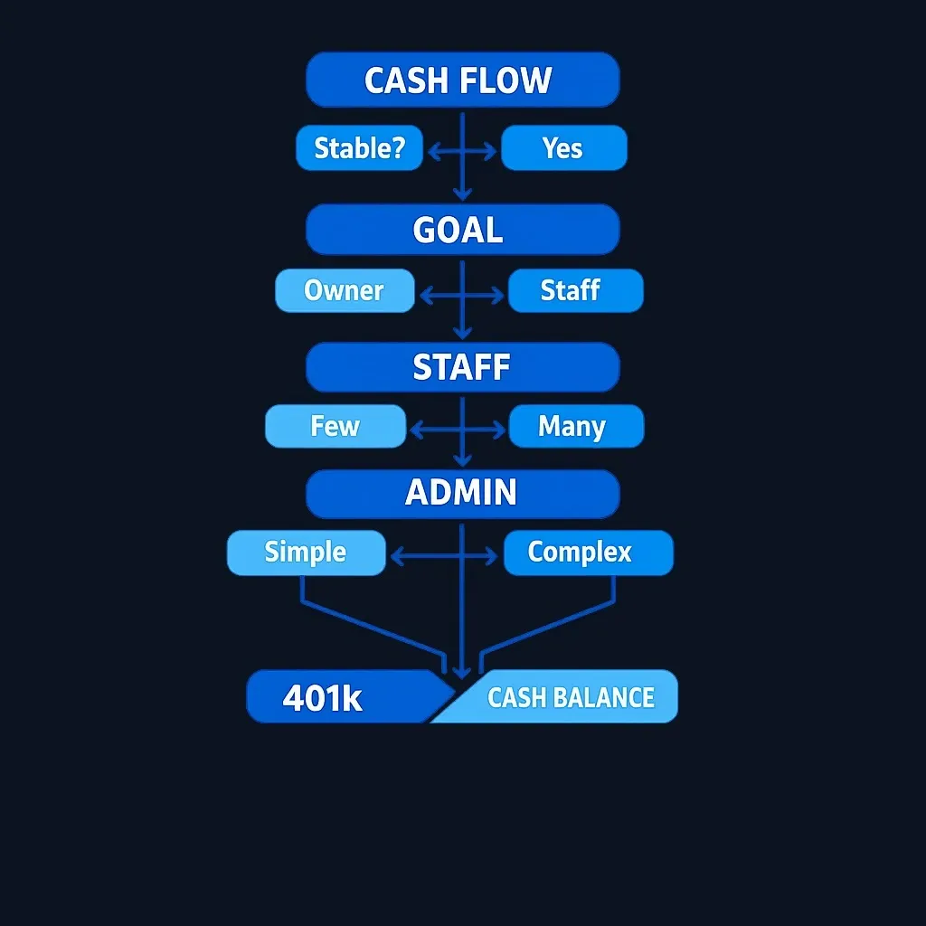 Four-question decision framework for choosing between cash balance plan and 401(k)