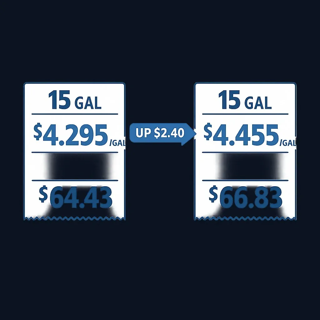Comparison of two 15-gallon fill-up costs showing price difference between September 7 and September 14