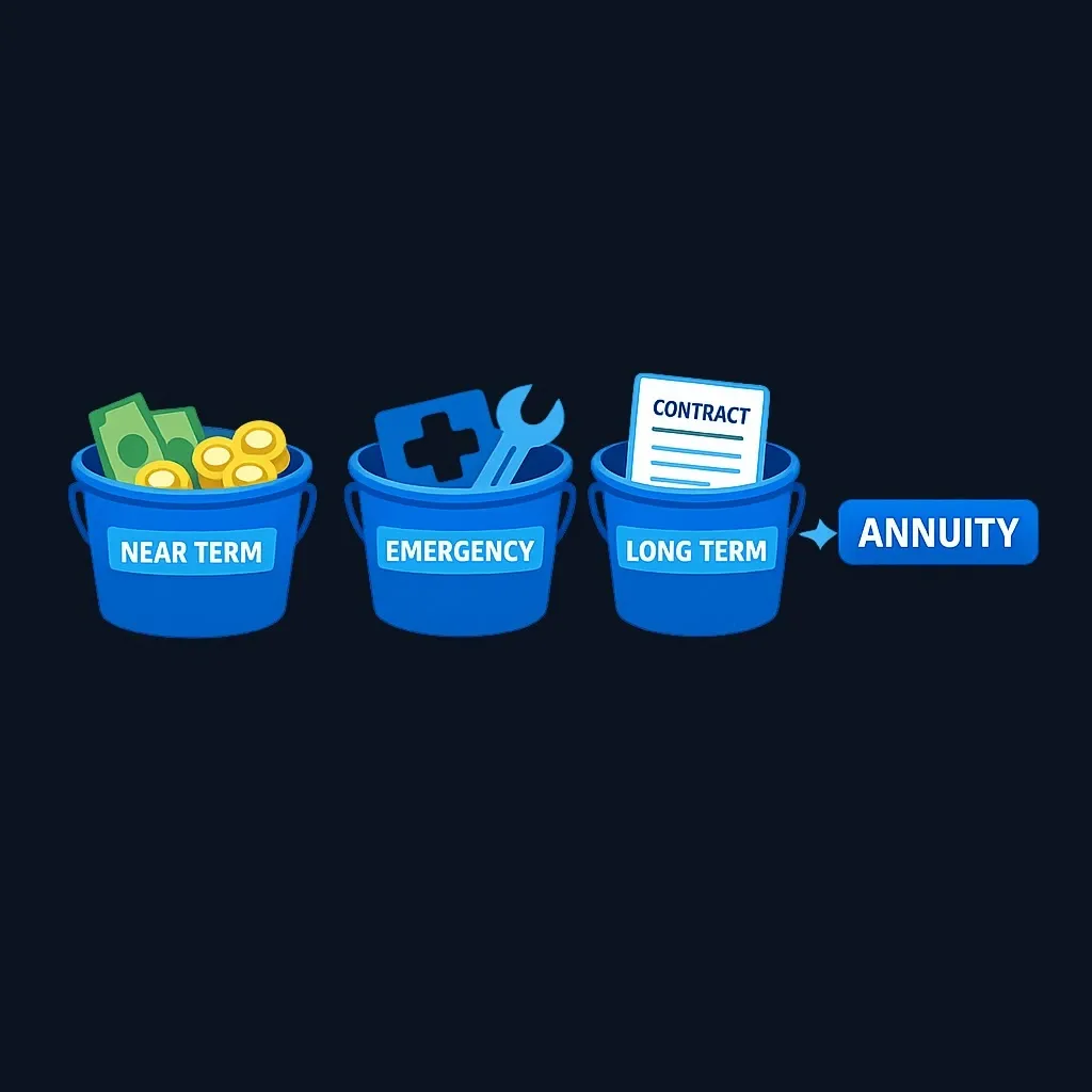 Three-bucket money allocation framework showing where annuities fit in retirement planning