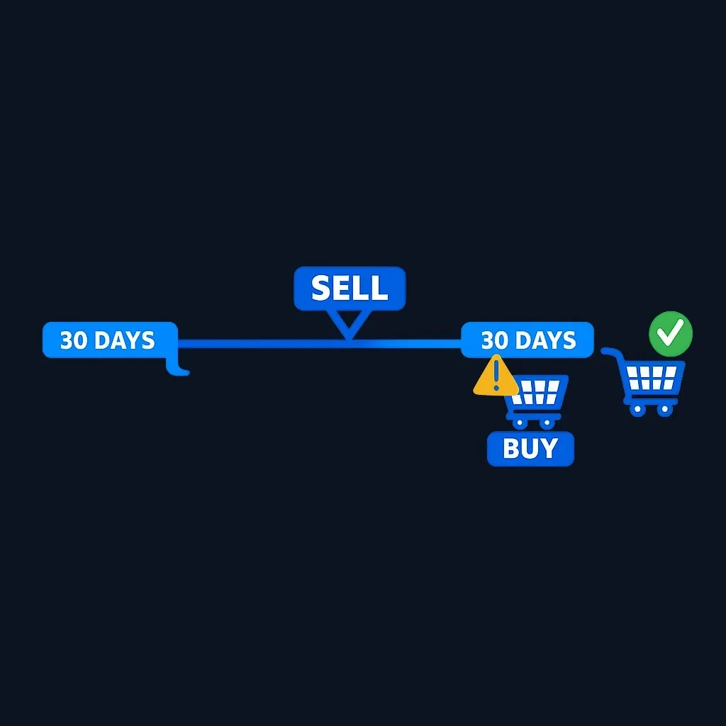 Timeline showing a 30-day window on each side of a loss sale where repurchasing triggers the wash-sale rule