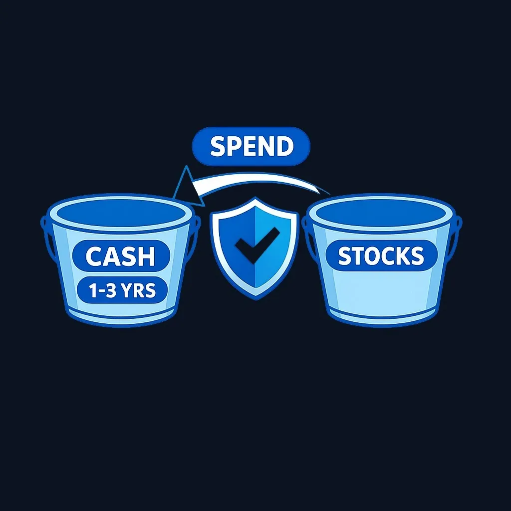 Diagram of retirement portfolio with separate cash buffer bucket for 1 to 3 years expenses