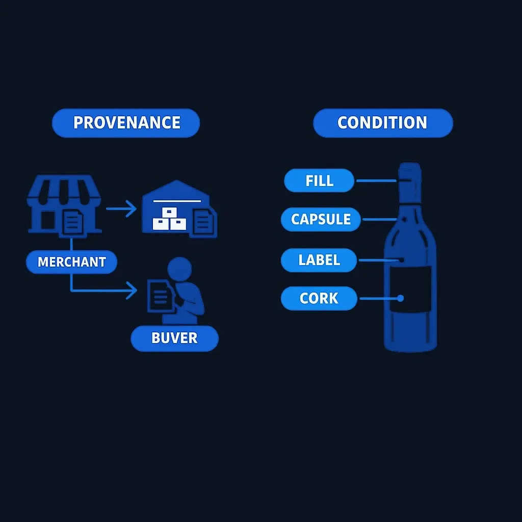 Diagram showing provenance chain and bottle condition factors in wine investing