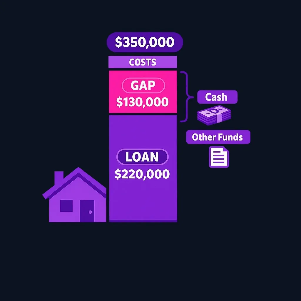 Bar diagram showing a $350,000 home price split into a $220,000 assumable loan and a $130,000 gap