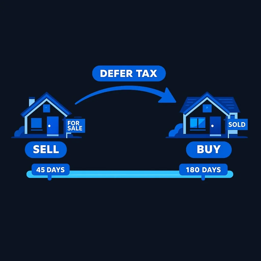 Diagram showing 1031 exchange flow from original property to replacement property with tax deferral