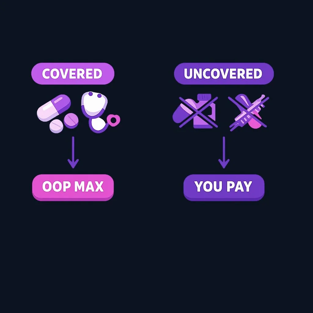 Diagram distinguishing covered services that count toward OOP max from uncovered services that do not