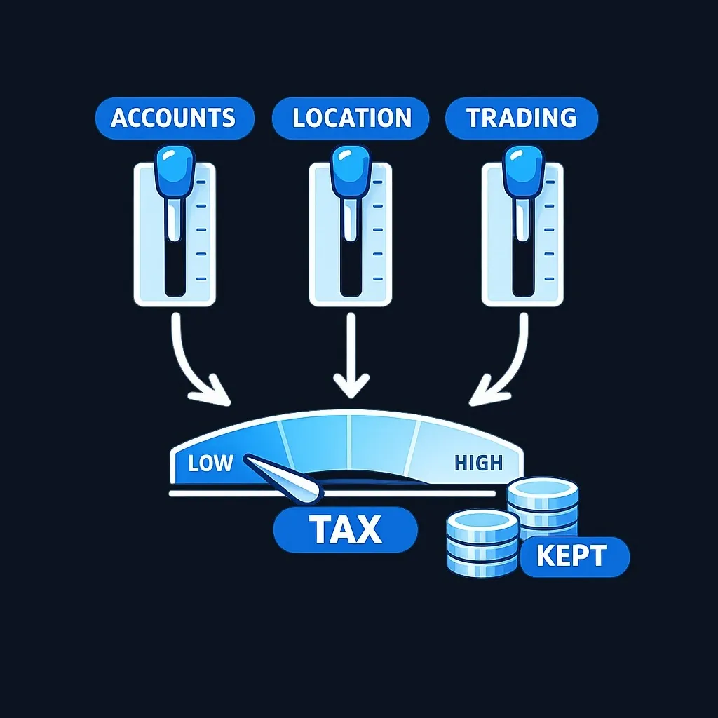 Three levers labeled ACCOUNTS, LOCATION and TRADING all pushing down a bar labeled TAX.