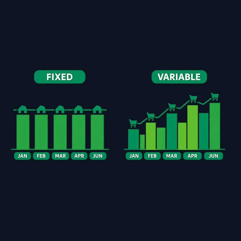 Two bar charts over six months: one with equal-height bars for fixed expenses, one with uneven bars for variable expenses