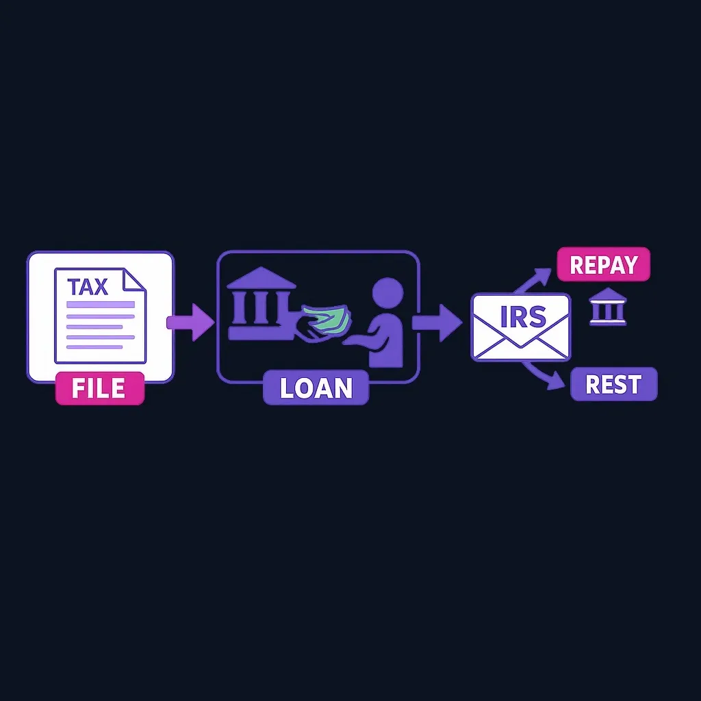 Three-step flow diagram showing filing a return, receiving a loan, and the IRS refund repaying the lender with the remainder going to you