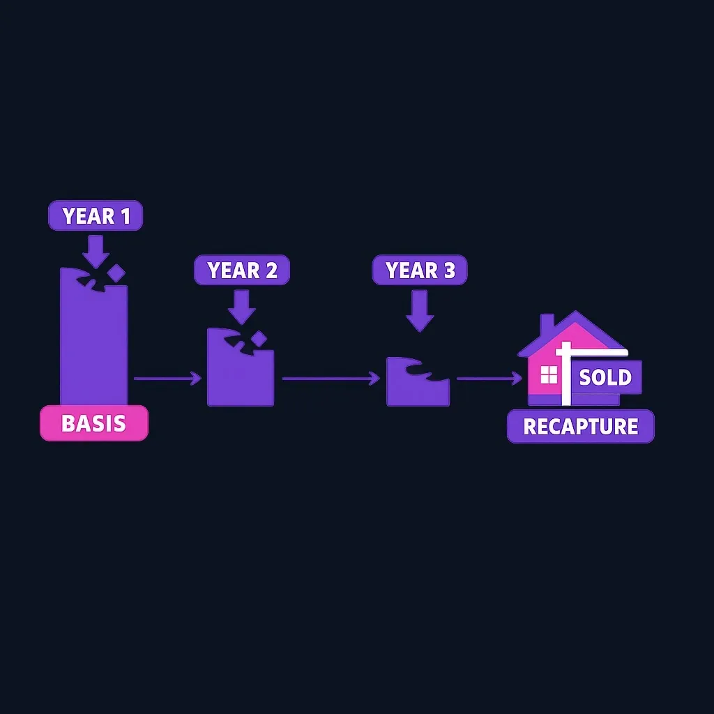 Timeline showing depreciation deductions over years reducing home basis, then tax due at sale