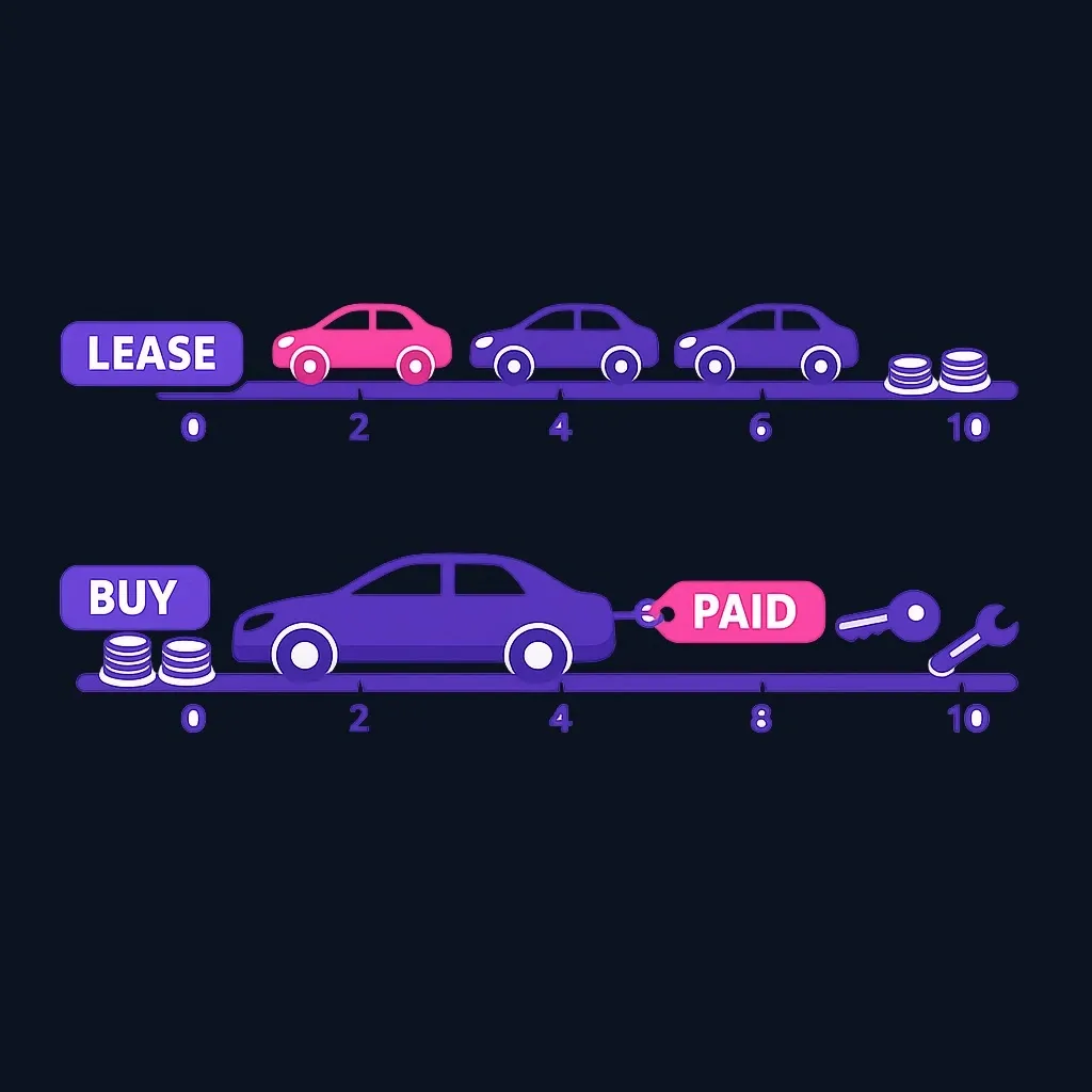 Two 10-year timelines: continuous leasing shows payments every year, while buying shows payments ending after loan payoff.