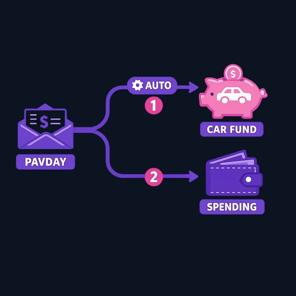 Flow diagram of a paycheck automatically sending money to a car savings account before the rest reaches checking for spending