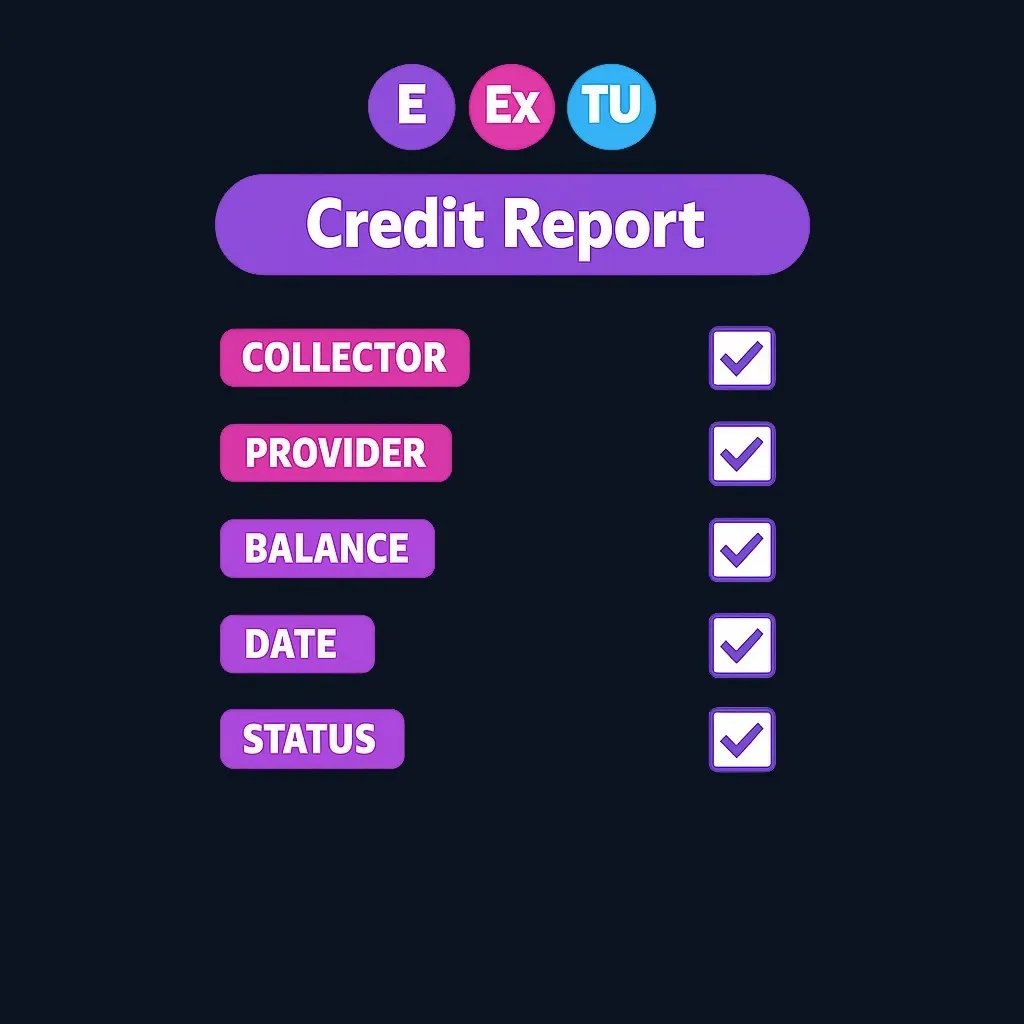 Checklist of credit report data points to record for medical collections