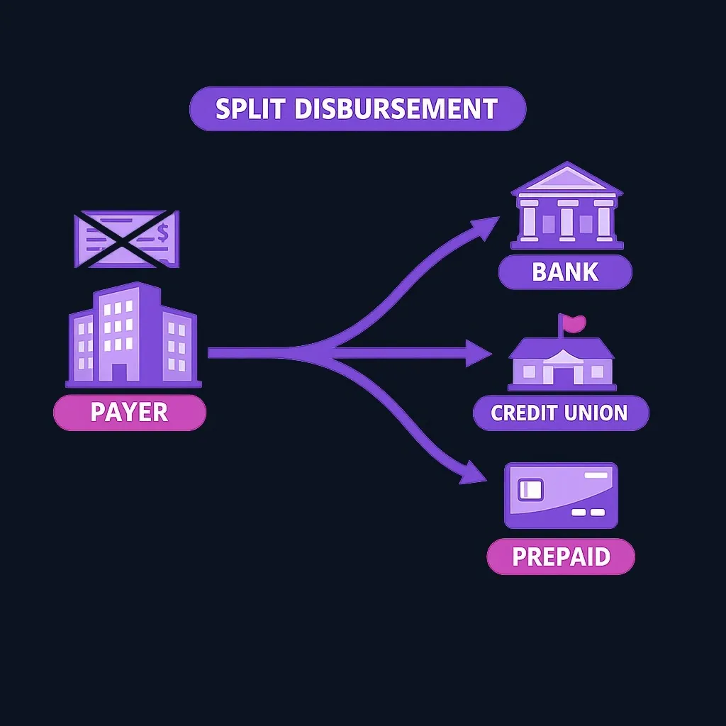 Diagram showing money going electronically from a payer to a bank account, credit union, or prepaid card instead of as a paper check