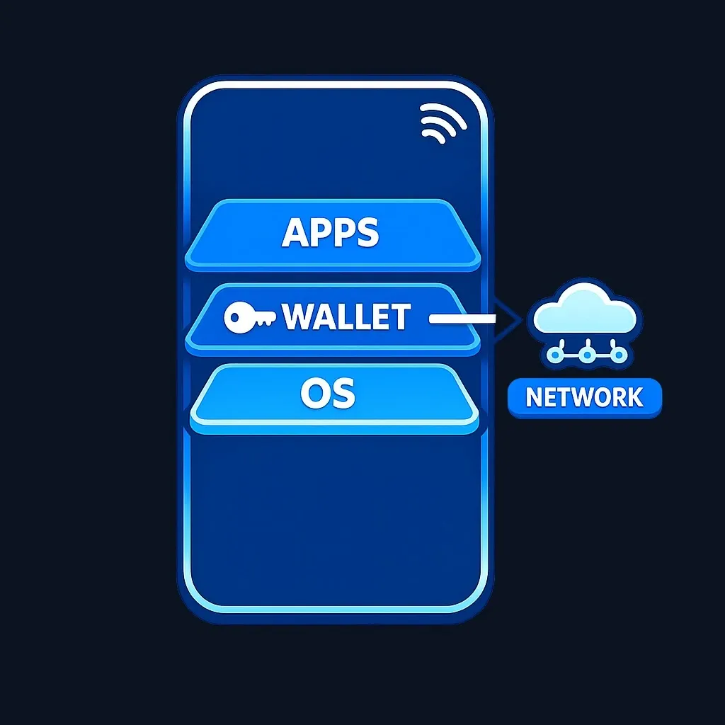 Diagram showing software wallet transaction flow on connected device