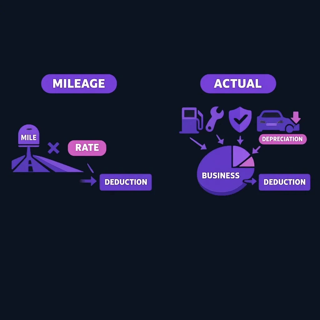 Side-by-side diagram comparing the standard mileage method and the actual-expense method