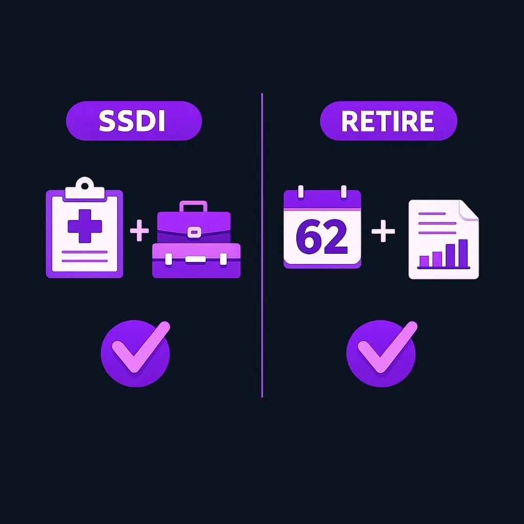 Two side-by-side columns comparing SSDI, based on medical evidence and work history, with early retirement, based on age 62 and an earnings record.