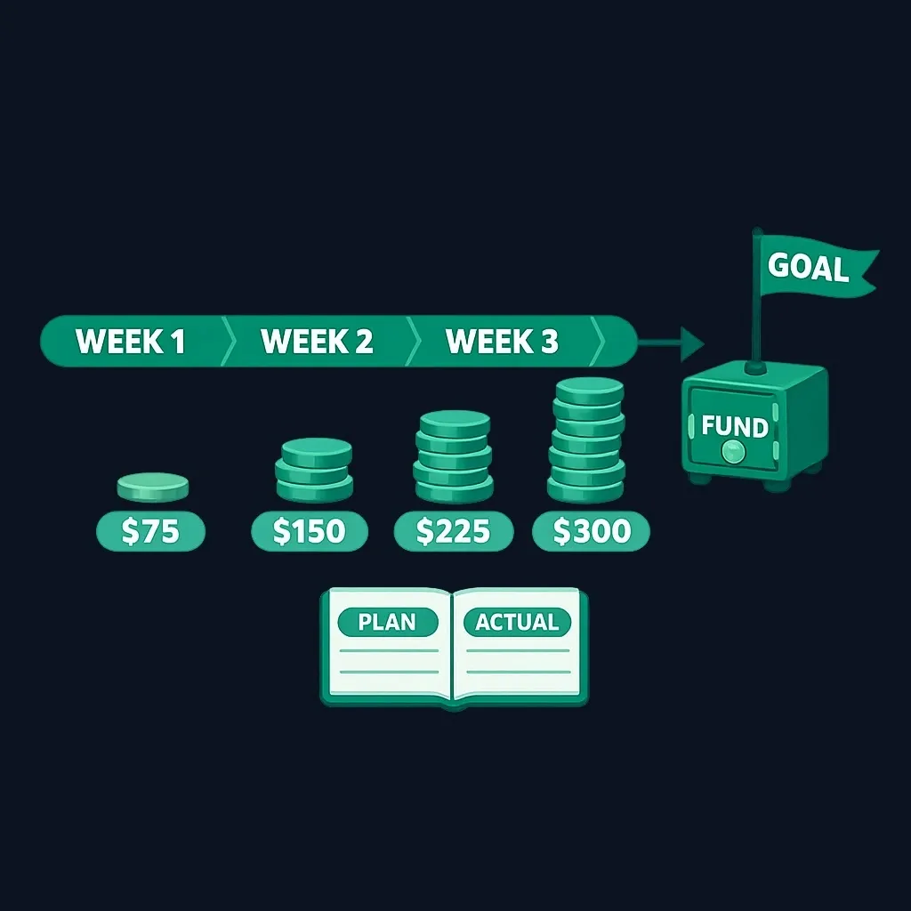 Progress chart showing savings growing weekly toward a $300 goal over 30 days