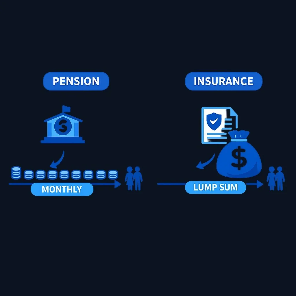Diagram comparing a pension survivor stream of monthly payments with a single life insurance lump-sum payment