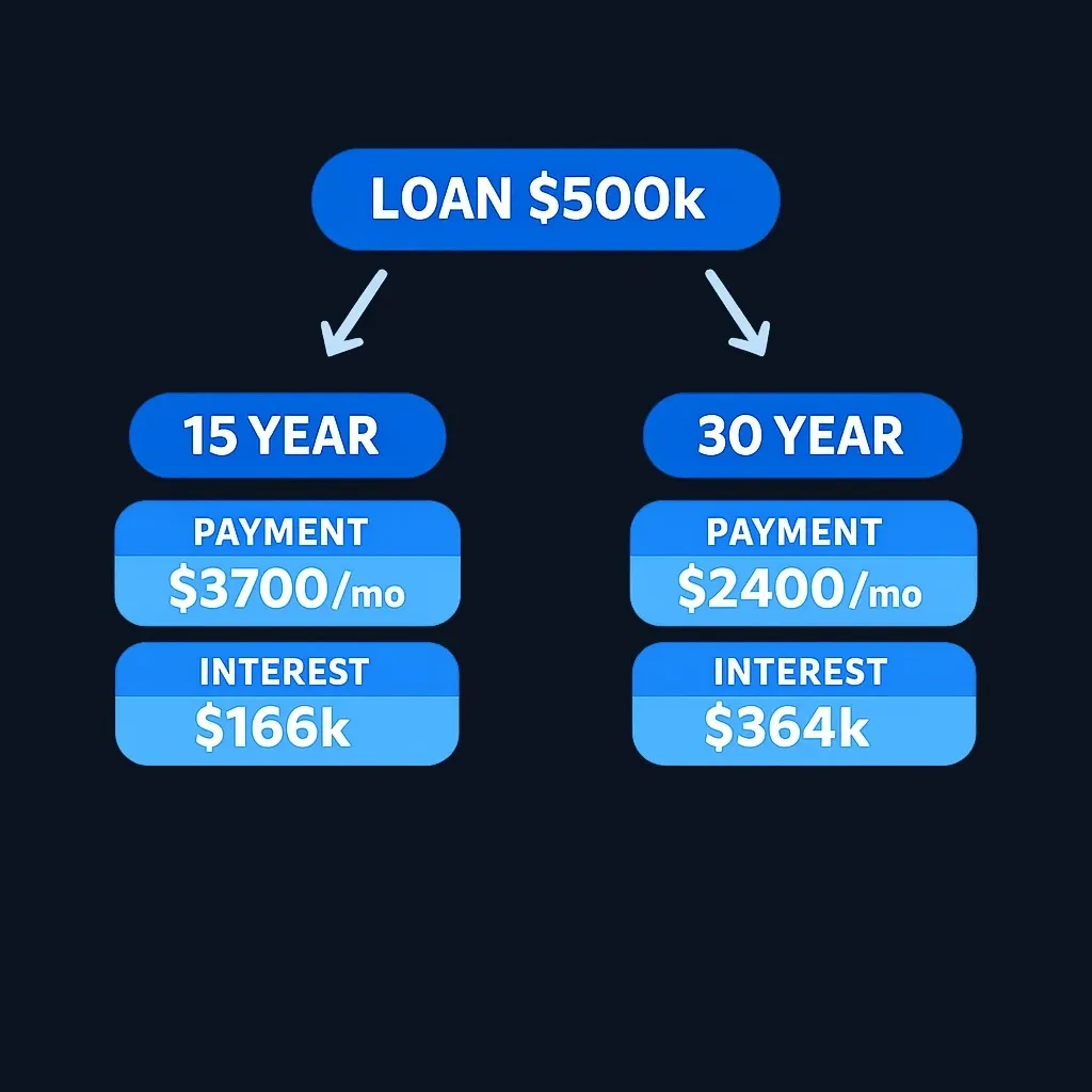 Comparison of 15-year versus 30-year farmland mortgage terms showing payment and interest differences