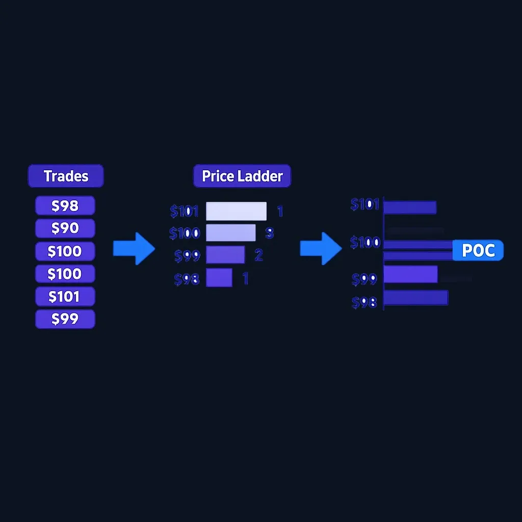Diagram showing how trade volume is aggregated into price buckets to form a Volume Profile