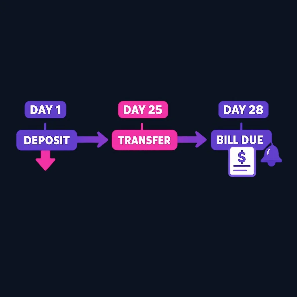 Timeline showing deposit, scheduled transfer, and bill due date with buffer days marked