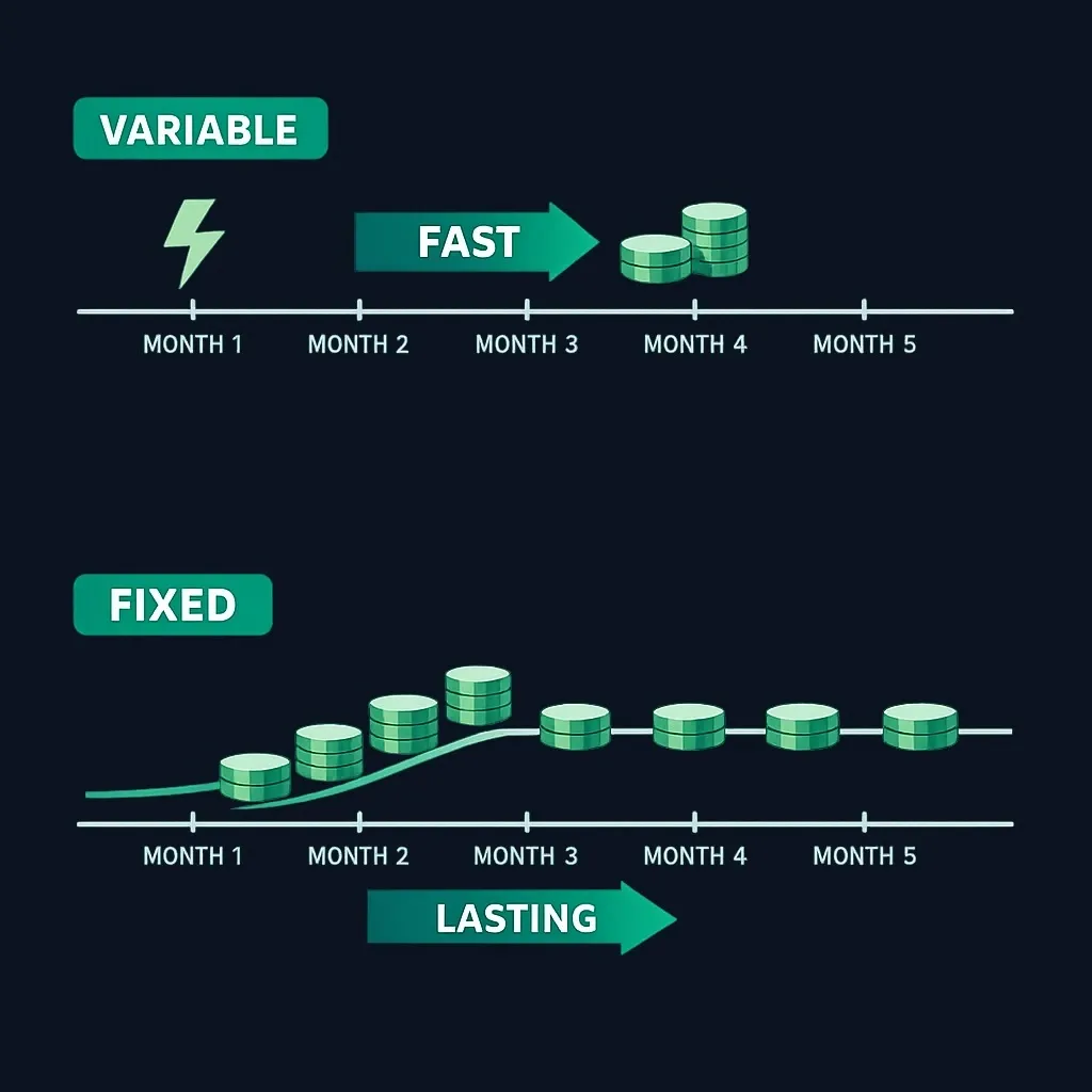 Two timelines comparing a quick one-time savings boost from variable cuts with a lasting monthly savings gain from fixed cuts