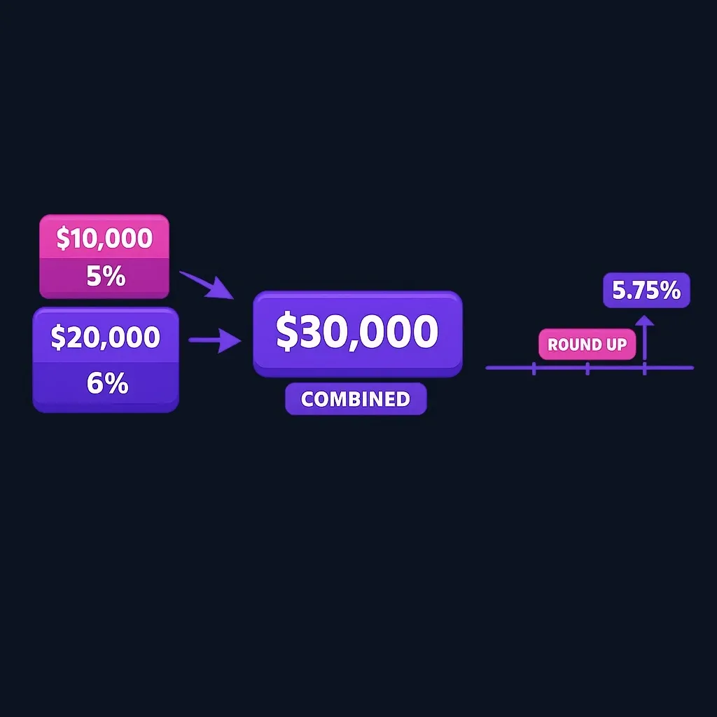 Diagram showing a $10,000 loan at 5% and a $20,000 loan at 6% combining into one $30,000 loan at 5.75%