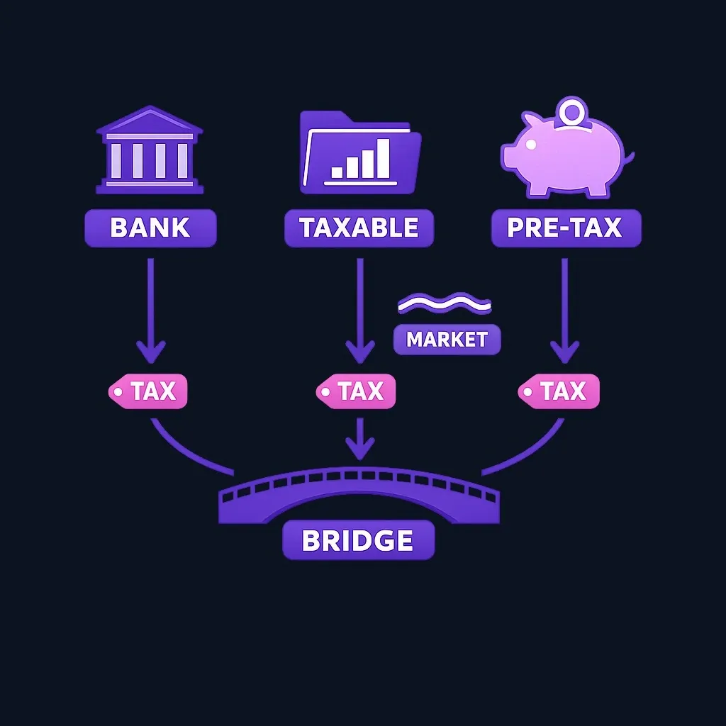 Three savings sources — bank, taxable account and retirement account — feeding a bridge budget