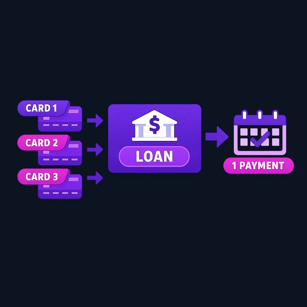 Diagram of three separate debts flowing into one consolidated loan with a single monthly payment
