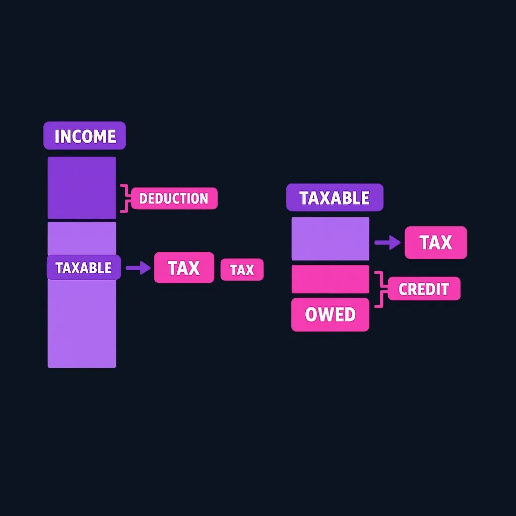 Two side-by-side flows showing that a deduction shrinks income before tax, while a credit reduces the final tax amount.