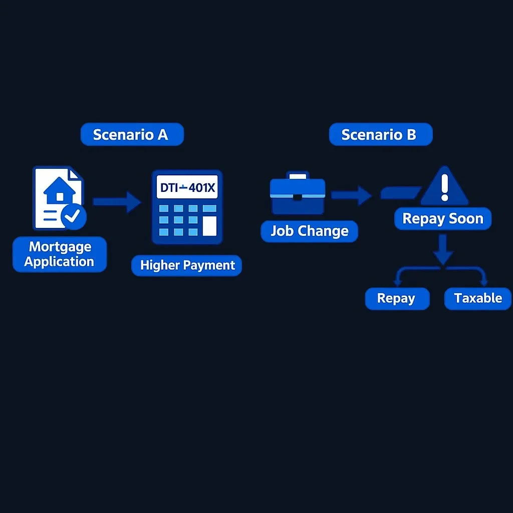 Two scenario diagrams showing different impacts of 401(k) loans on financial situations
