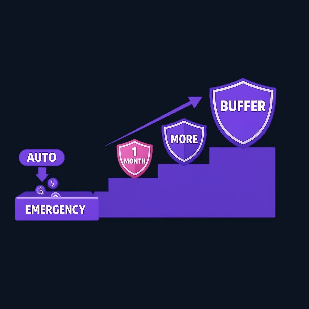 Staircase diagram showing an emergency fund growing from one month of essentials to a larger buffer