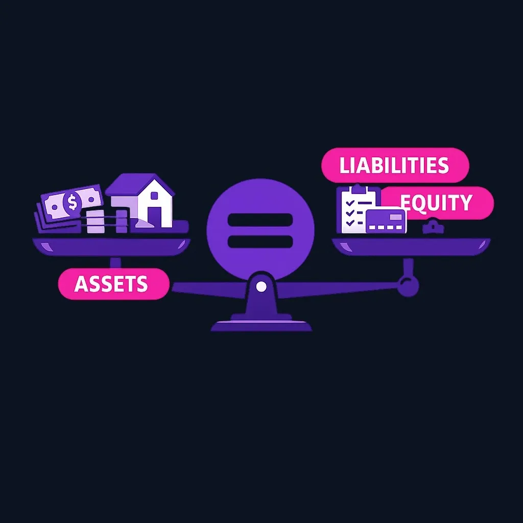 Accounting equation diagram showing assets equal liabilities plus equity