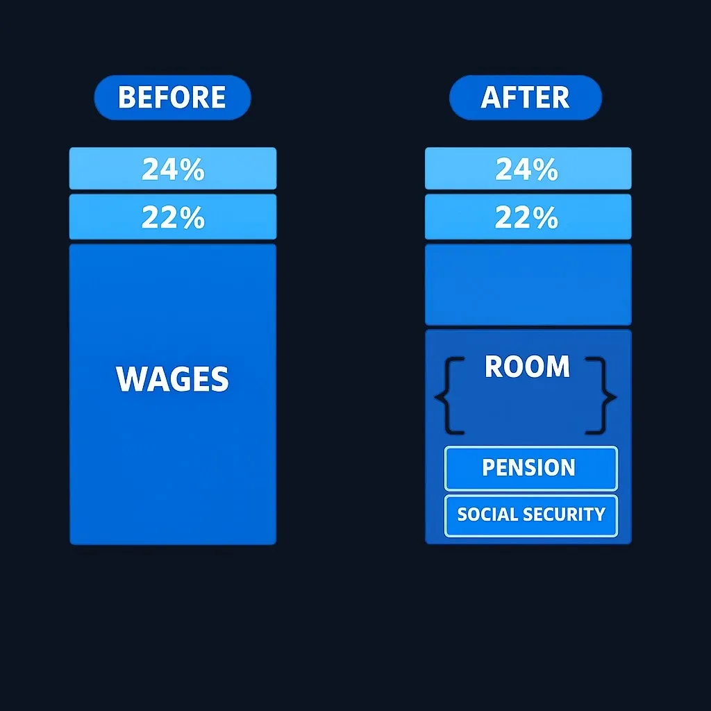 Side-by-side comparison of two stacked tax bracket columns showing income filling brackets before and after retirement
