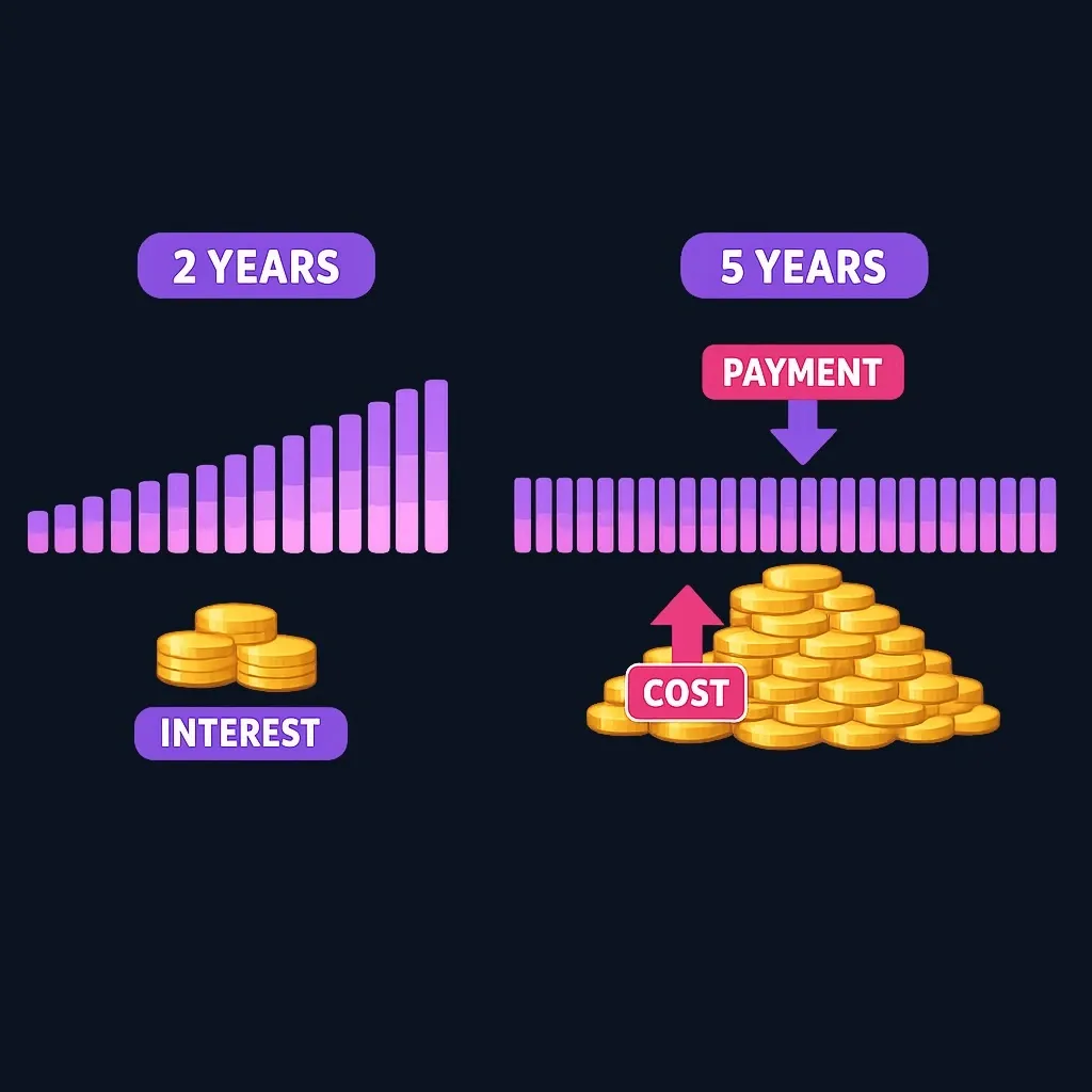 Side-by-side comparison of a 2-year loan with high monthly payments and low total interest against a 5-year loan with low payments and high total interest.