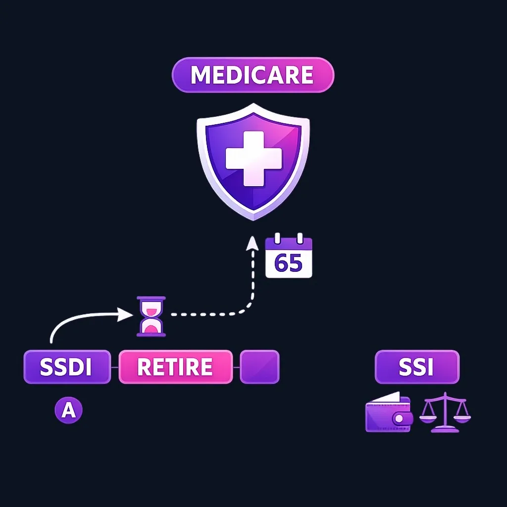 Three boxes labeled SSDI, Retire and SSI, with SSDI linked to Medicare after a waiting period and SSI shown as a separate program.