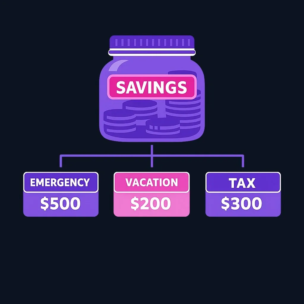 Diagram showing one main savings account branching into labeled goal buckets