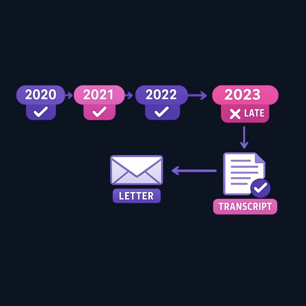 Timeline from 2020 to 2023 showing three timely years, a late 2023 filing with a penalty, a request letter, and transcript confirmation.