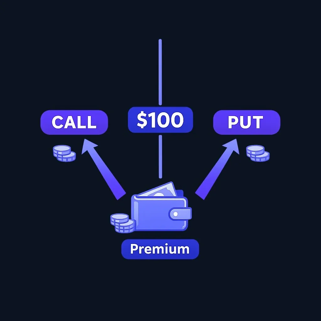 Diagram showing a long straddle structure with call and put options at the same strike