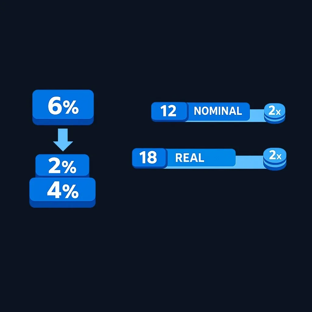 Comparison of a 6% nominal rate doubling in 12 years versus a 4% real rate doubling in 18 years