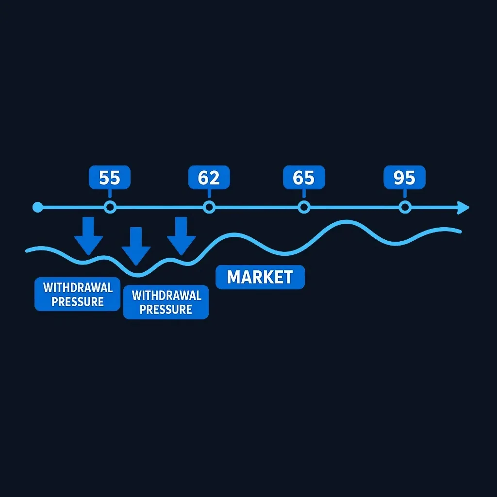 Timeline showing retirement at 55 through ages 62, 65, and into 90s with market ups and downs