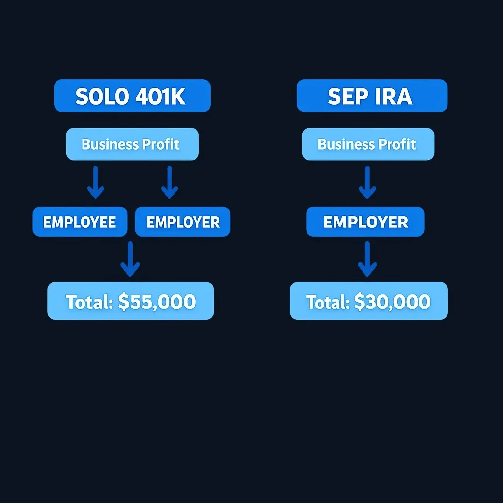 Side-by-side comparison of contribution mechanics in Solo 401(k) versus SEP IRA for the same income level