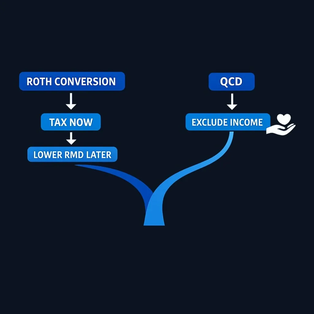 Conceptual comparison of Roth conversion versus QCD tax timing
