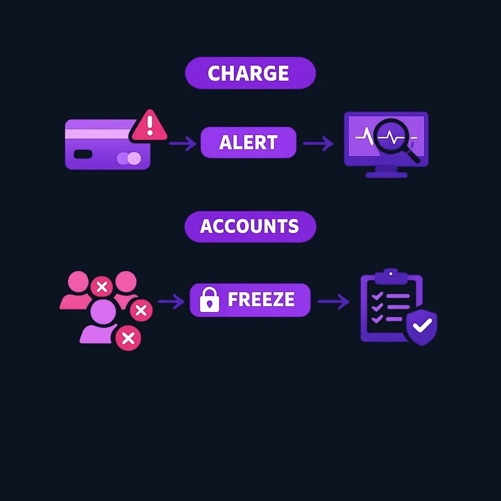 Decision tree showing response to suspicious charge versus multiple unauthorized accounts