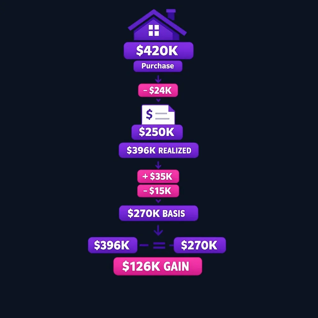 Step-by-step breakdown of a second home sale calculation showing sale price, expenses, basis adjustments, and resulting gain