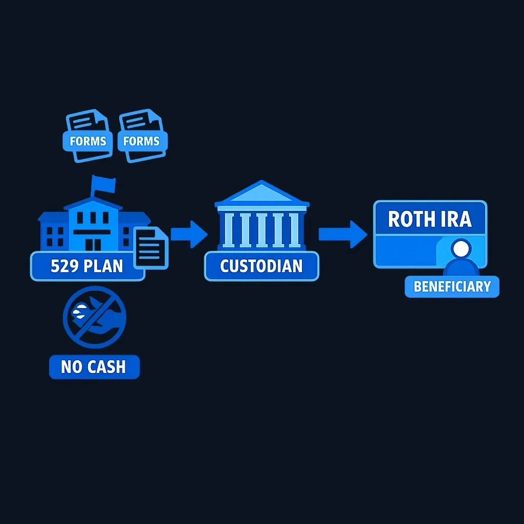 Flow diagram of a direct trustee-to-trustee transfer from a 529 plan to a Roth IRA